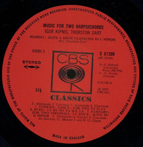 Music For Two Harpsichords-CBS-Vinyl LP-VG/Ex