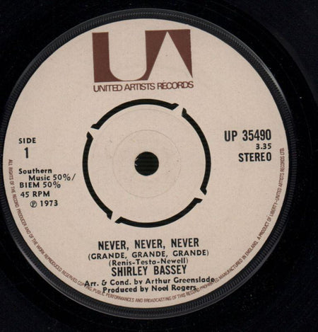 Shirley Bassey-Never Never Never / Day By Day-United Artist-7" Vinyl