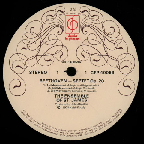 Septet Op.20-The Ensemble Of St James-CFP-Vinyl LP-VG+/Ex