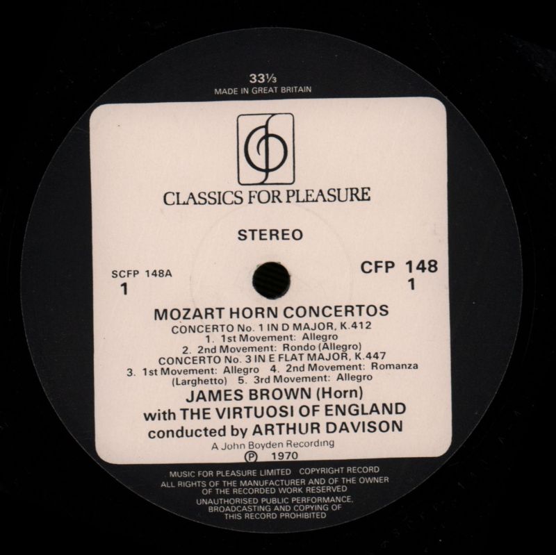 Horn Concertos-James Brown-CFP-Vinyl LP-VG+/VG+