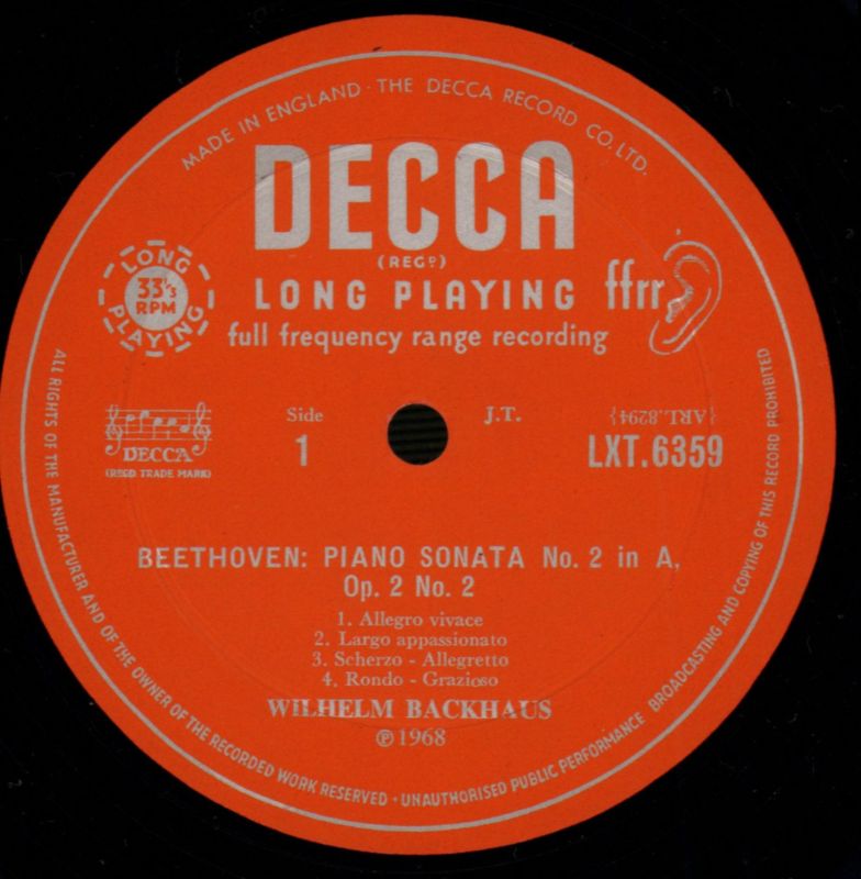 Piano Sonatas/ Wilhelm Backhaus-Decca-Vinyl LP-Ex/Ex