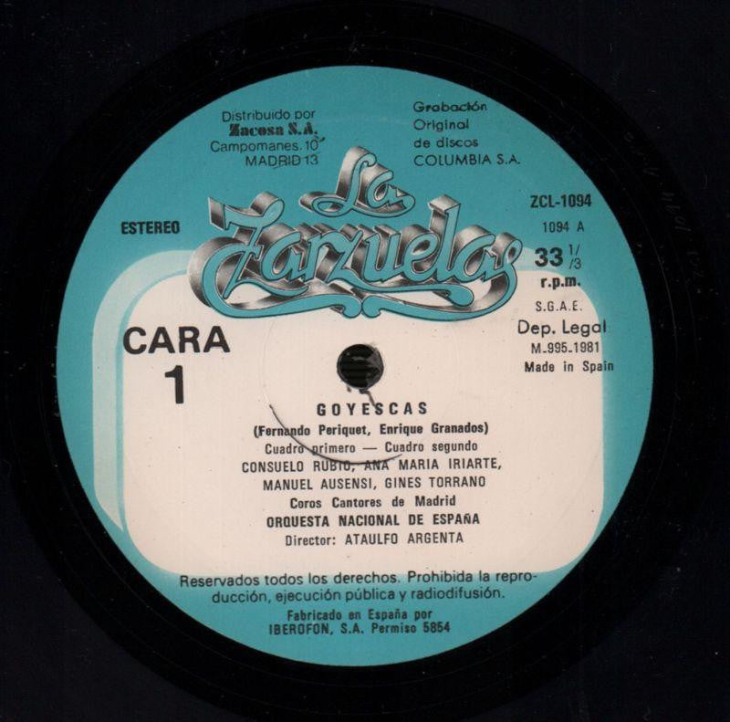 Goyescas Argenta-Zacosa-Vinyl LP-VG/Ex+