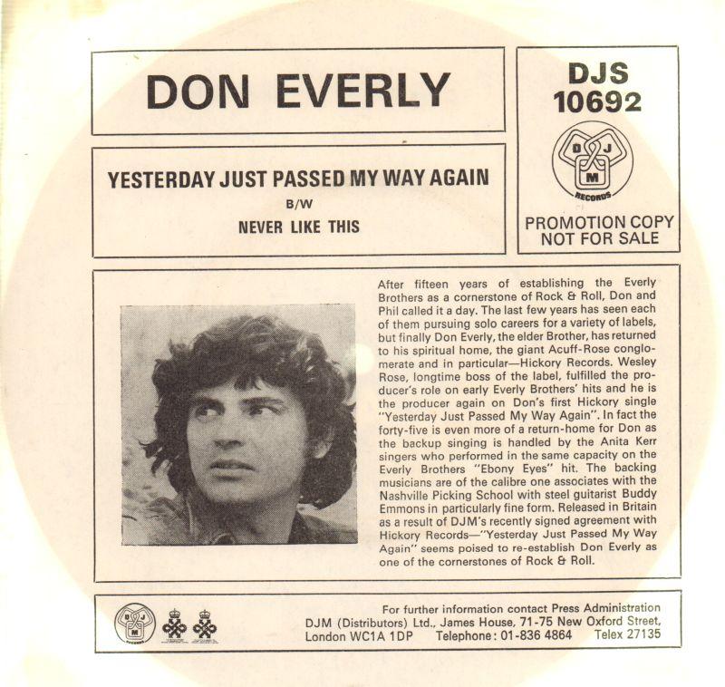 Yesterday Just Passed My Way Again-DJM-7" Vinyl P/S