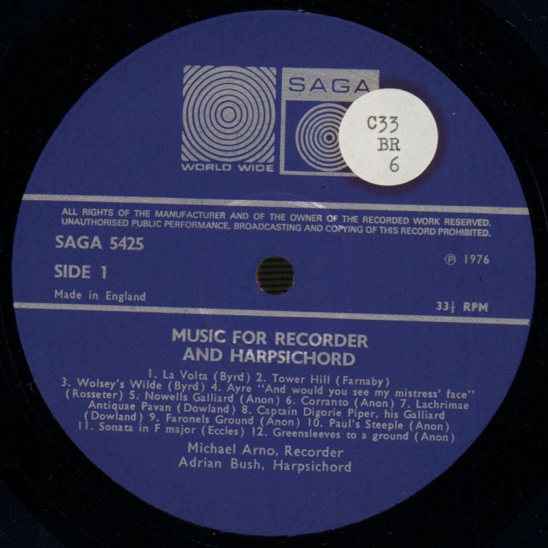 Music For Recorder And Harpischord-Saga-Vinyl LP-VG/Ex