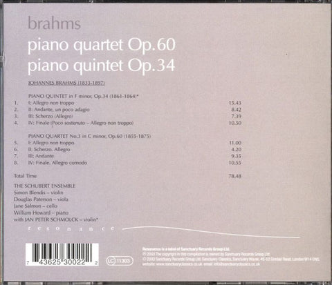 Piano Quartet Op.60 & 34/Brahms-Sanctuary-CD Album-New